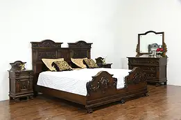 Renaissance Antique Carved Walnut Bedroom Set King Size Bed, Marble Tops  #36023