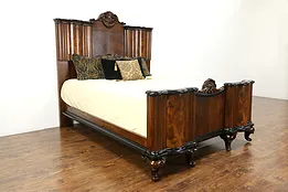 Italian Art Deco Antique Carved Walnut, Olive & Burl Queen Size Bed #35743