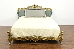 Italian Antique Hand Carved Queen Size Bed, Gold Finish, Silk Upholstery #36123