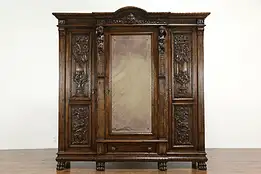 Renaissance Antique Triple Walnut Armoire or Wardrobe, Sculpted Figures  #36261