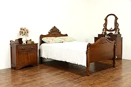 Victorian Antique Walnut 3 Pc Bedroom Set, Full Size Bed, Carved Pulls #36670