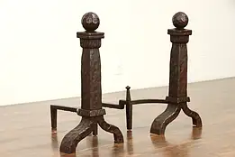 Pair of Hand Hammered Wrought Iron Craftsman or Tudor Fireplace Andirons #37064