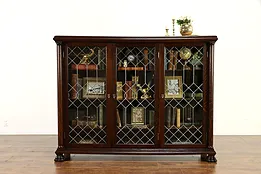 Victorian Antique Oak Triple Office Library Bookcase Leaded Glass Doors #36956