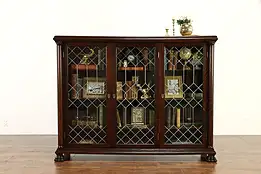 Victorian Antique Oak Triple Office Library Bookcase Leaded Glass Doors #36956