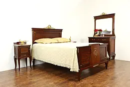 French Empire Antique Mahogany 4 Pc Bedroom Set Queen Size Bed, Onyx Tops #37074