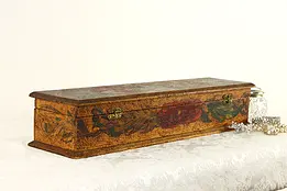 Pyrographic Burnt Wood Hinged Box, Painted Flowers & Red Silk Interior #37133