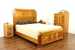 Art Deco Waterfall Vintage 4 Pc Satinwood Bedroom Set, Queen Size Bed #37250