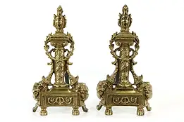 Pair of Classical Brass Antique Fireplace Andirons, Laurel Wreath & Flame #37444