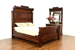 Victorian Eastlake Antique Walnut Bedroom Set, Queen Bed, Marble Chest #35936
