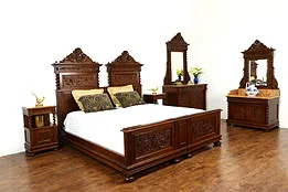 Renaissance Carved Antique Italian Bedroom Set King Size Bed, Marble Tops #36015