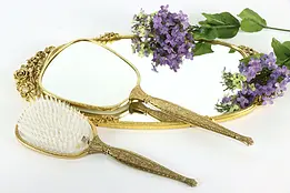 Gold Plated Filigree Vintage Floral Tray, Brush & Mirror Set, Matson #37522