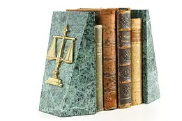Pair of Green Marble & Scales of Justice Vintage Bookends #37586