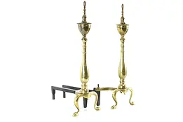 Pair of Vintage Brass Fireplace Hearth Andirons, Cast Iron Log Rests #37652