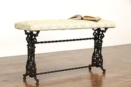 Cast Iron Antique Bench, Lion Heads & Torches, New Upholstery #37727