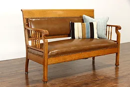 Victorian Antique Oak Railroad Bench or Hall Settee, New Leather #37825