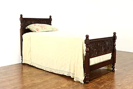 English Tudor Antique Carved Oak Twin or Single Bed #35665
