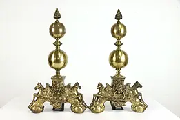 Pair of Antique Brass Andirons, Flame Finials, Lion and Pegasus Motifs #38108