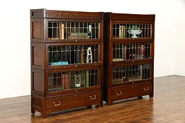 Pair of Craftsman 3 Stack Leaded Glass Oak Lawyer Bookcases, Lundstrom #38117