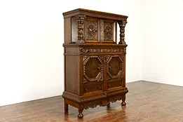 Oak Carved Renaissance Antique Oak China or Bar Cabinet #38407