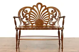 Art Nouveau Quarter Sawn Oak Antique Farmhouse Bench, Carved Fan Design #34359