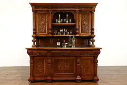 Carved Walnut Antique Marble Top Back Bar Cabinet, Sideboard #37579