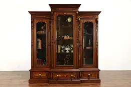 Victorian Antique Triple Office or Library Bookcase Carved Walnut & Burl #37804