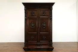 Renaissance Antique Italian Armoire, Wardrobe, Closet Carved Heads, Lions #38548