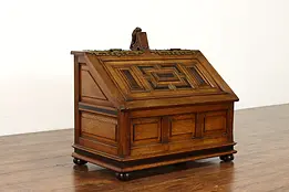 Oak & Ebony Antique English Tudor Lift Lid Fireplace Kindling Box, Lion  #38690