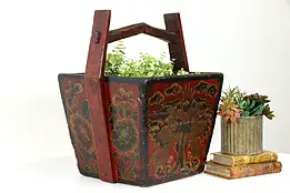 Hand Painted Vintage Rustic Chinese Wooden Rice Bucket, Bin or Planter #38868