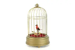 Singing Bird in Cage Vintage Automaton, West Germany, Red Velvet Base #38988
