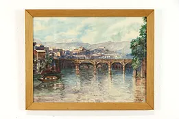 Bridge & Town Antique Original Watercolor Painting, Rao 21.5" #39153