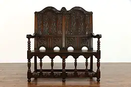 English Tudor Antique Carved Oak Hall or Entryway Bench, Paine of Boston #39192