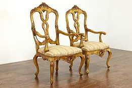 Pair of Farmhouse Country French Vintage Painted & Carved Armchairs #37730