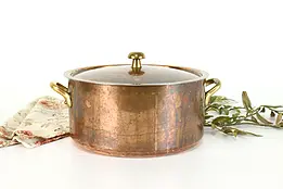 Farmhouse Vintage French Copper Dutch Oven with Lid & Brass Handles #37964