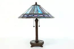 Arts & Crafts Vintage Leaded Stained Glass Shade Office or Library Lamp #39985