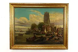 Cathedral and Docks in Germany Antique Original Oil Painting, Helmont 47" #40005