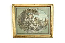 Framed Antique Needlework Miniature Painting on Silk of French Boy 7" #40004