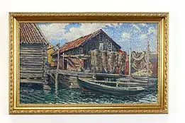 Harbor Scene Boat & Fishing Shanty Vintage Original Oil Painting, 27" #39739