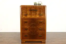 Art Deco Vintage Walnut & Burl Waterfall Design Tall Chest or Dresser #39681