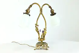 Art Nouveau Antique Brass Double Lamp, Art Glass Blown Shades #39997