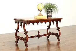 Georgian Style Vintage Carved Walnut Coffee Table, Tooled Leather Top #38989