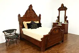 Victorian Renaissance Antique Walnut 3 Pc Bedroom Set, Marble, Queen Bed #34830