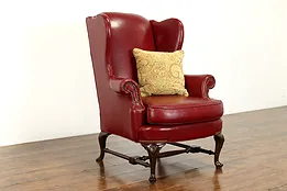 Georgian Style Vintage Burgundy Leather Wingback Chair, N Hickory #39990