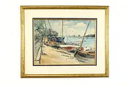 Sailboats on Beach Vintage Original Watercolor Painting '55 Billett 28.5" #40164