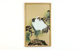 Red Crown Crane Antique Original Japanese Painting 32" #39658