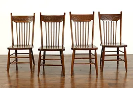 Farmhouse Set of 4 Victorian Antique Carved Elm Pressback Dining Chairs #40079