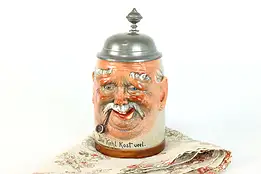 German Folk Art Antique Beer Stein or Mug with Face, Pewter Lid #40235