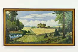 Farm Landscape with House Vintage Original Oil Painting, Signed 51.5" #39885