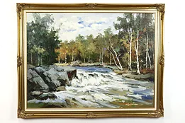 White Rapids in Forest Vintage Original Oil Painting, Gaston 54.5" #40103
