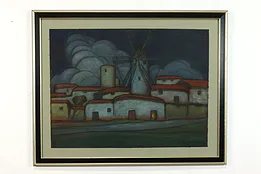 Palma Majorca Windmill Vintage Original Pastel on Paper, Ayllon 38.5" #40056